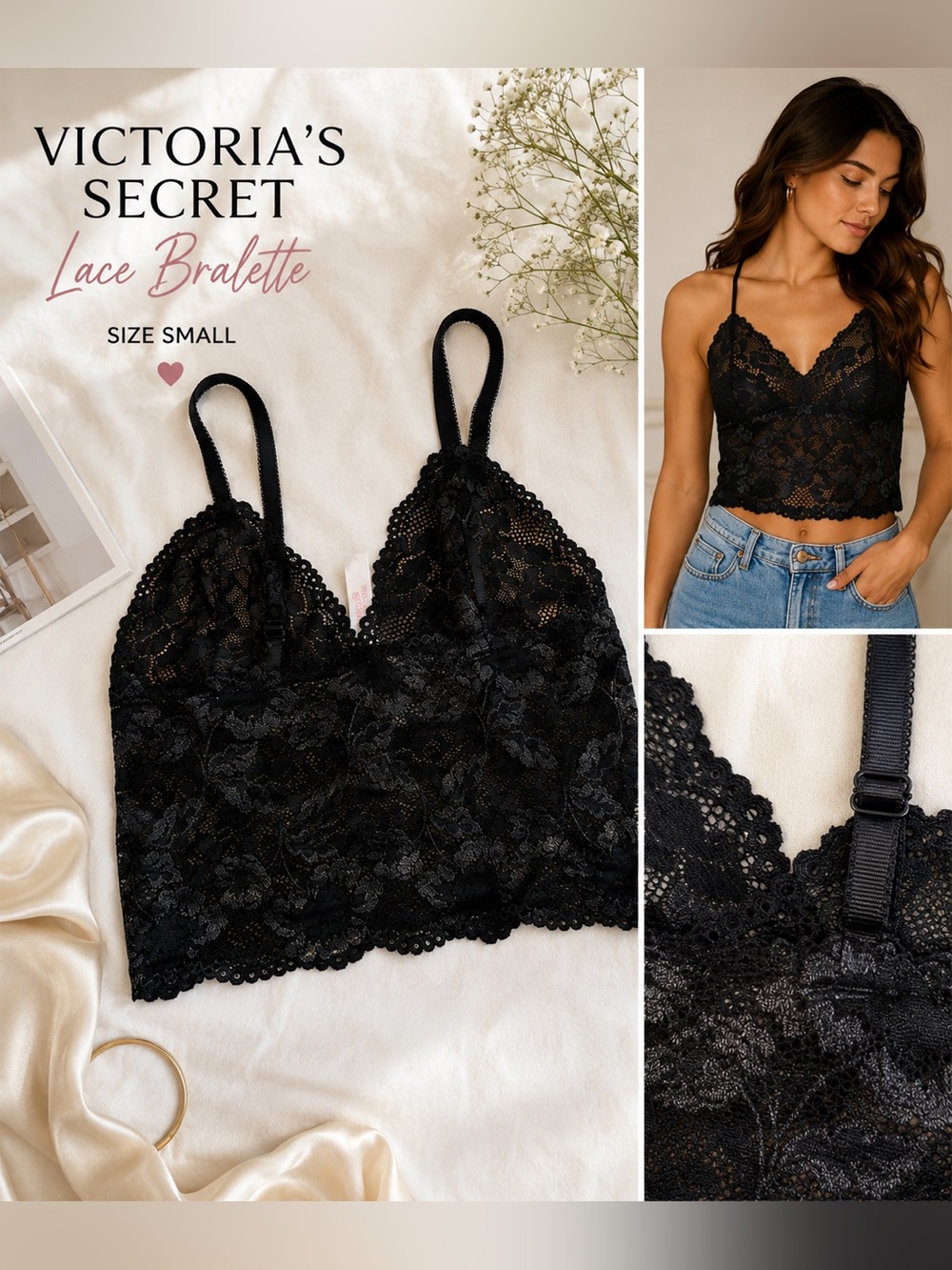 Victoria’s Secret Black Lace Bralette/Cami Size Small Soft Stretch Floral Lace